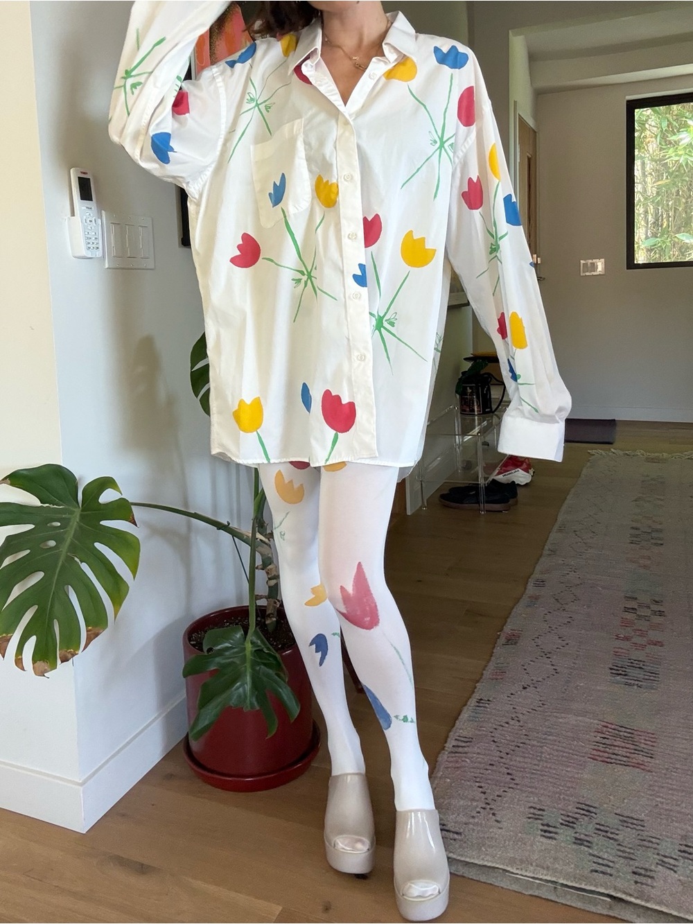 Handpainted Flower Button Down w/ Matching Tights